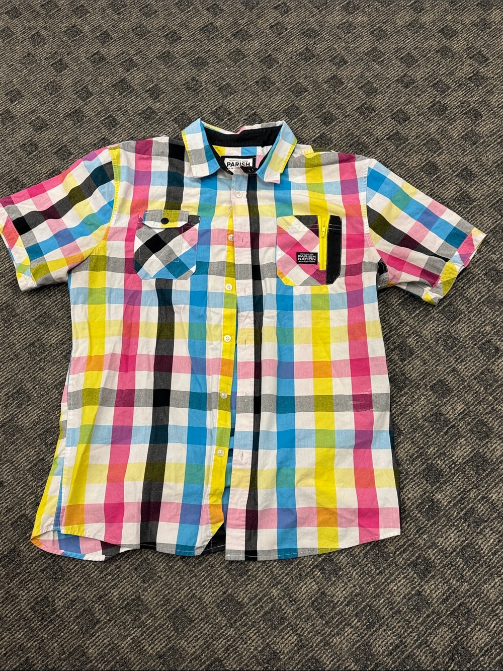 Parish Nation 2X Multicolor Plaid Button‎ Front Shirt Utility Zip Pocket